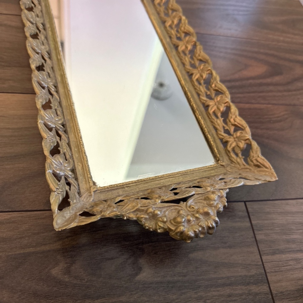 Elegant Gold Fancy Mirrored Vanity Tray - vintage antique ornate decorative chic - Picture 3 of 5